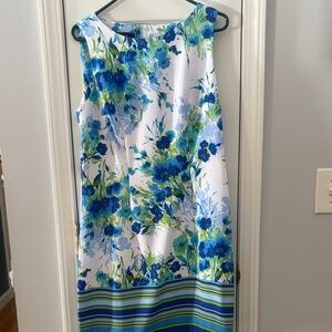 AGB White Midi Dress with Blue and Green Floral Border